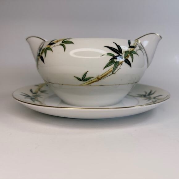 Kent Bali Hai China Gravy Boat/Attached Underplate Bamboo On Rim, Cream Rim VTG - Picture 3 of 16